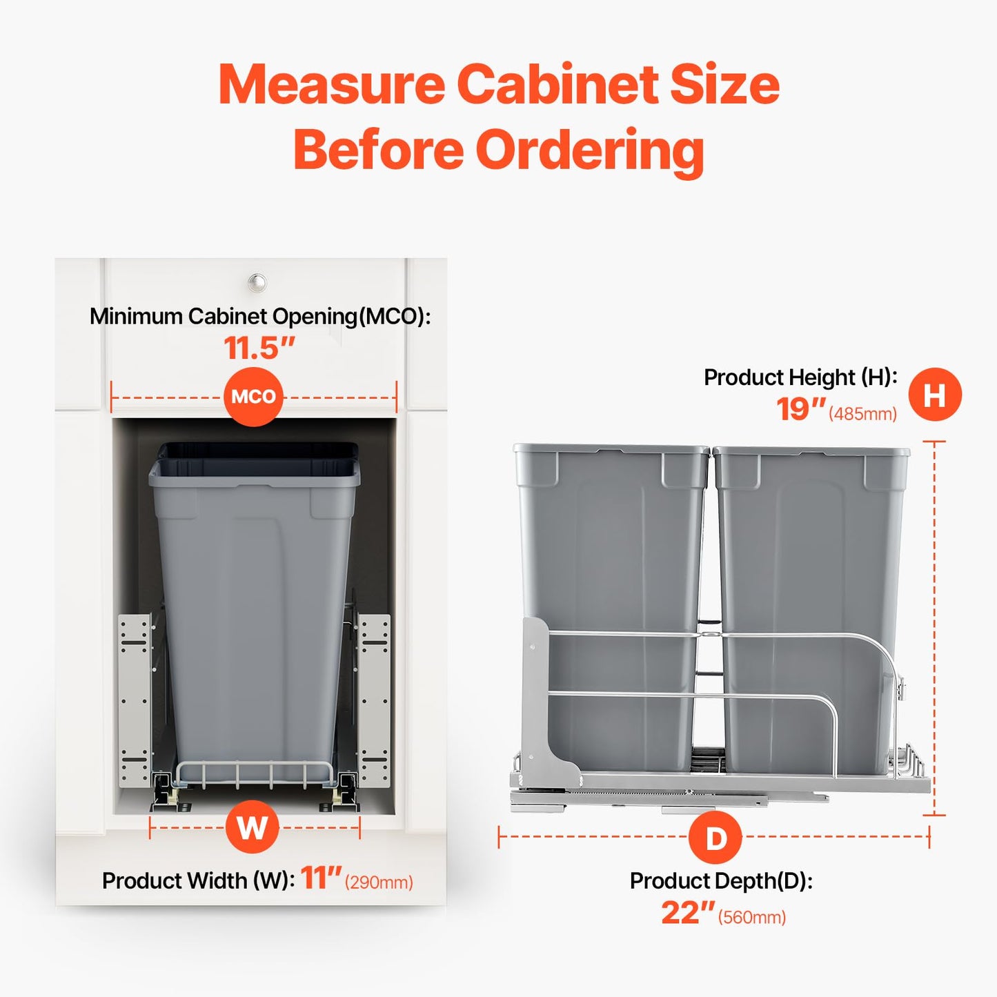 Under Sink Pull-Out Trash Can – Double Bin, Heavy Duty Metal Slides, Full Extension, Kitchen Recycling System, Grey