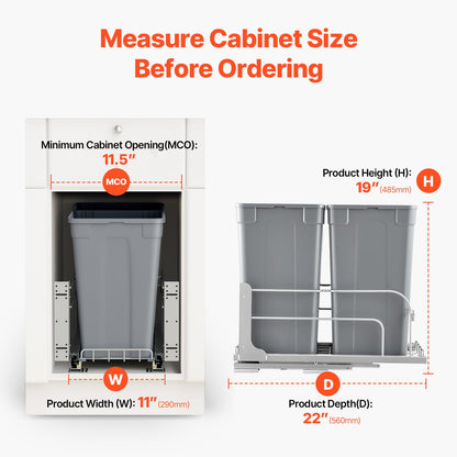 Under Sink Pull-Out Trash Can – Double Bin, Heavy Duty Metal Slides, Full Extension, Kitchen Recycling System, Grey