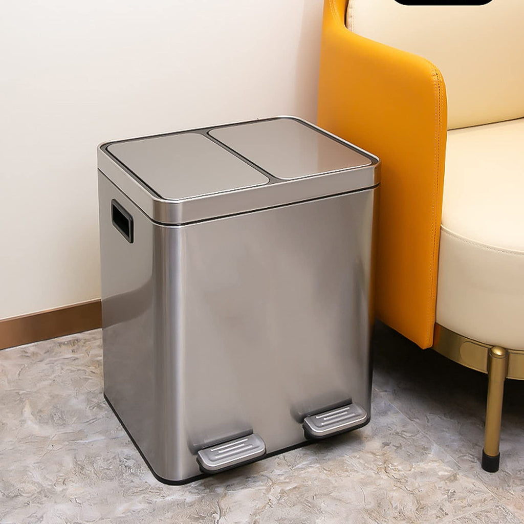 Dual Compartment Step Trash Can – Stainless Steel, 2 Bin, Soft-Close, Recycling Bin