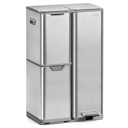 16 Gallon Triple Compartment Trash Can – Stainless Steel, Foot Pedal, Recycling Bin Combo