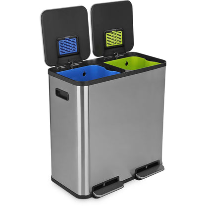 Dual Compartment Step Trash Can – Hands-Free Kitchen Recycling Bin, Rectangular Stainless Steel Waste Bin