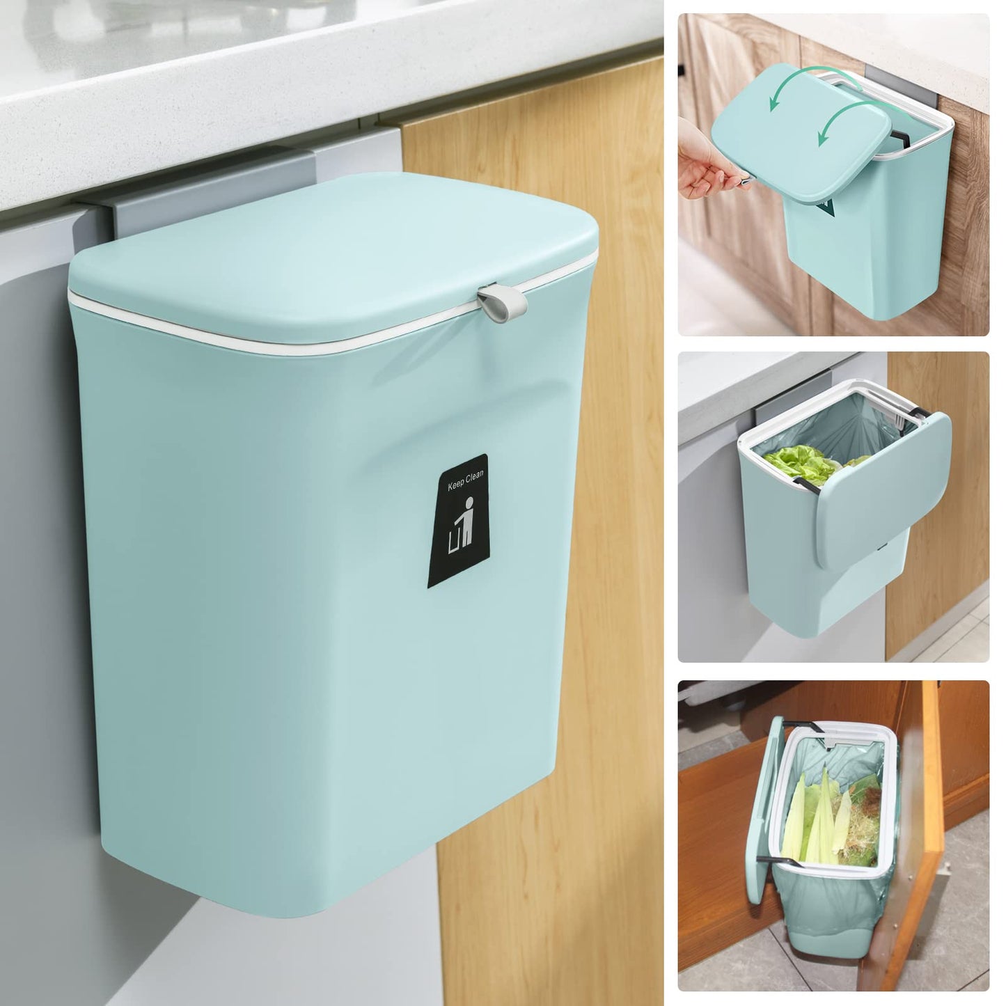 2.4 Gallon Kitchen Compost Bin – Countertop / Under Sink, Hanging Lid, Mountable Indoor Waste Bin