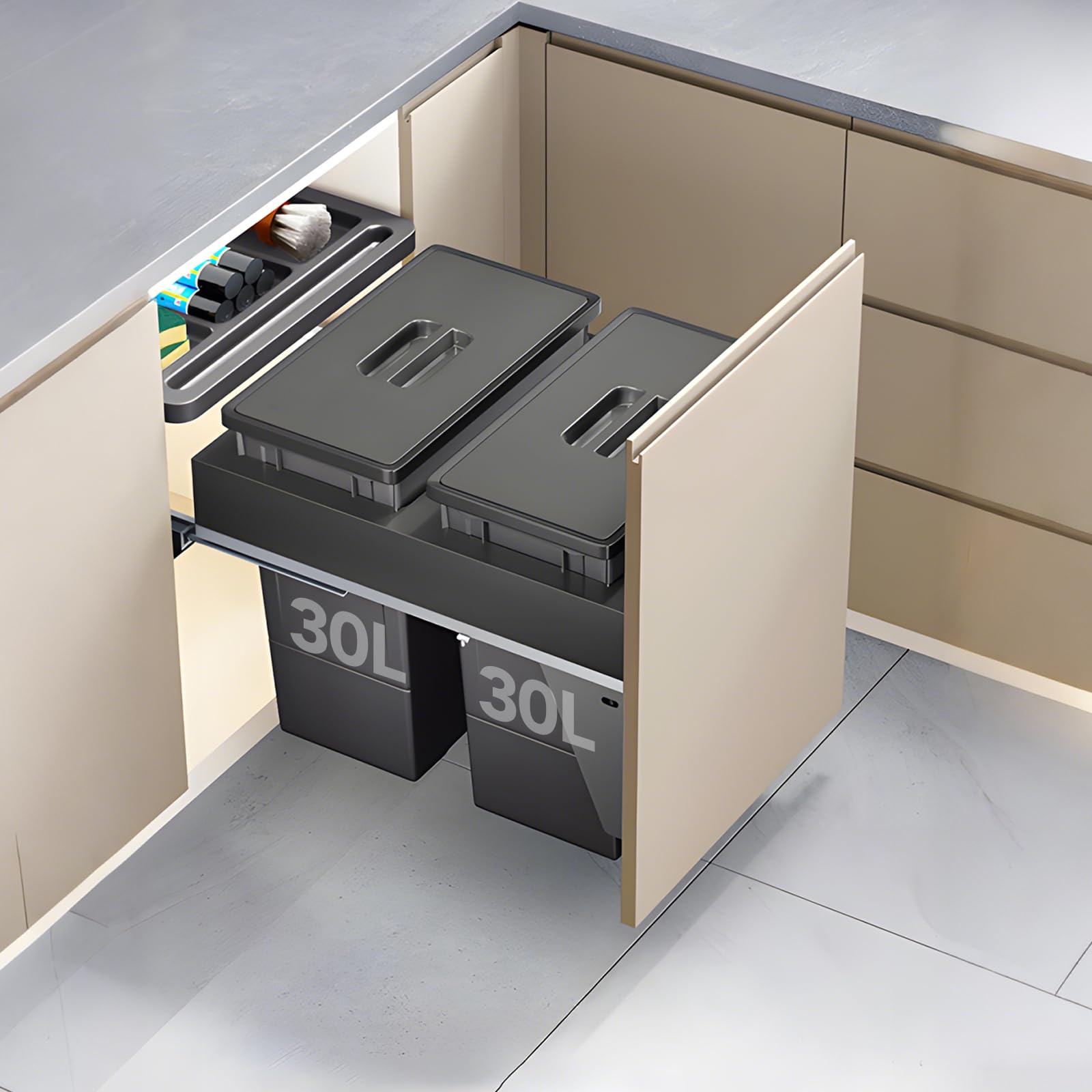 Under Sink Pull-Out Trash Can – Grey ABS, Soft-Close Slide, Lid, Top Storage Tray, Kitchen Cabinet Organizer