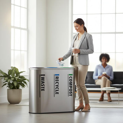 33 Gallon Stainless Steel Recycling Station – Triple Compartment, Trash / Recycling / Compost, Multi-Bin Sorting, Commercial Waste Bin
