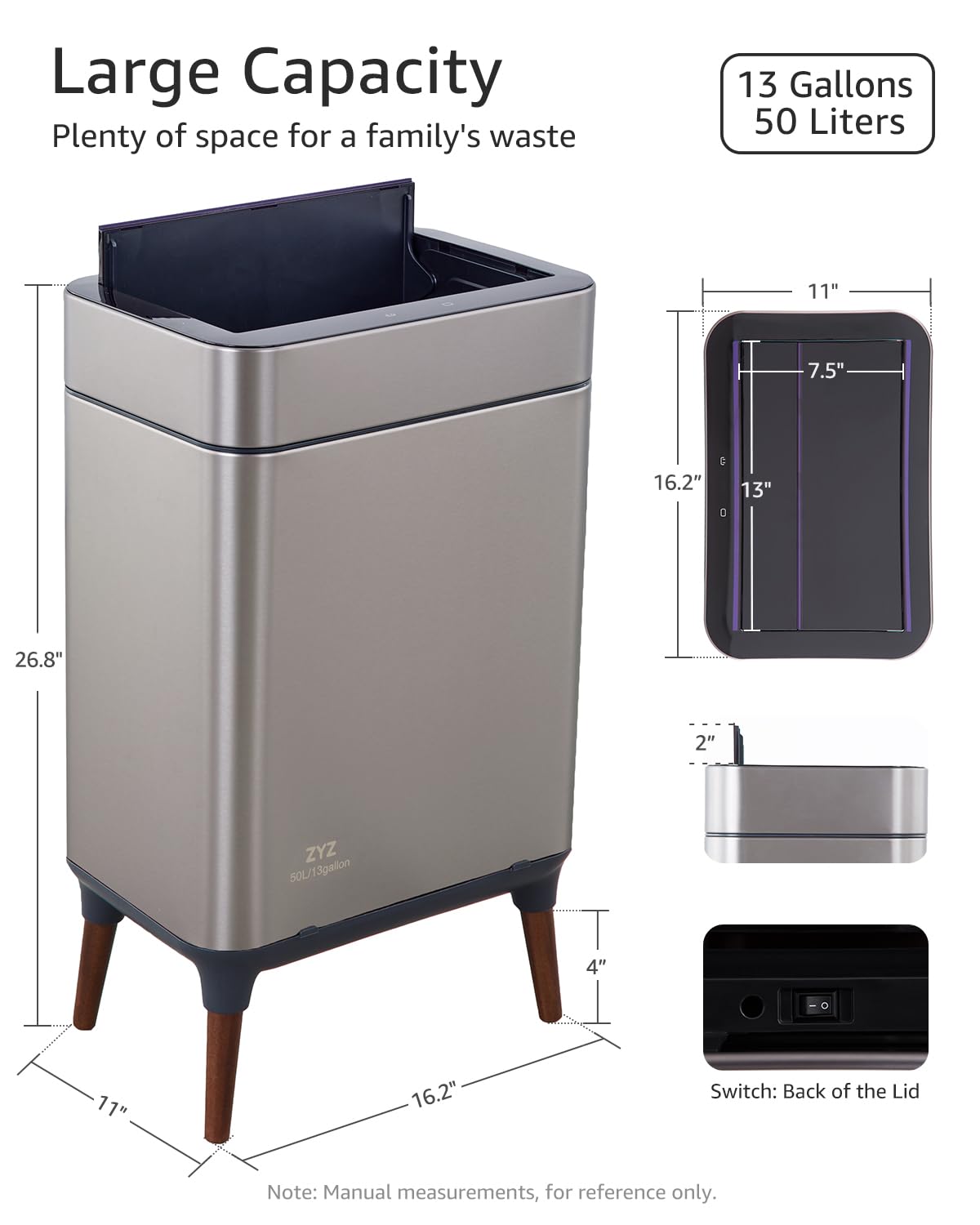 13 Gallon Smart Sensor Trash Can – 50L, Touchless, Butterfly Lid, Stainless Steel, USB Rechargeable, Soft-Close Kitchen Bin