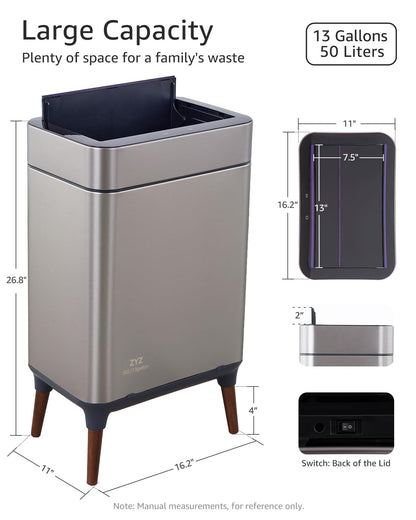 13 Gallon Smart Sensor Trash Can – 50L, Touchless, Butterfly Lid, Stainless Steel, USB Rechargeable, Soft-Close Kitchen Bin