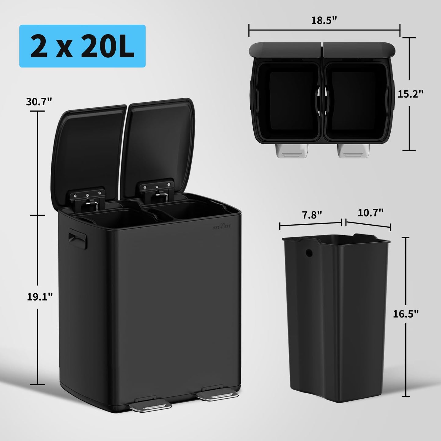 16 Gallon Triple Compartment Trash Can – Stainless Steel, Foot Pedal, Recycling Bin Combo