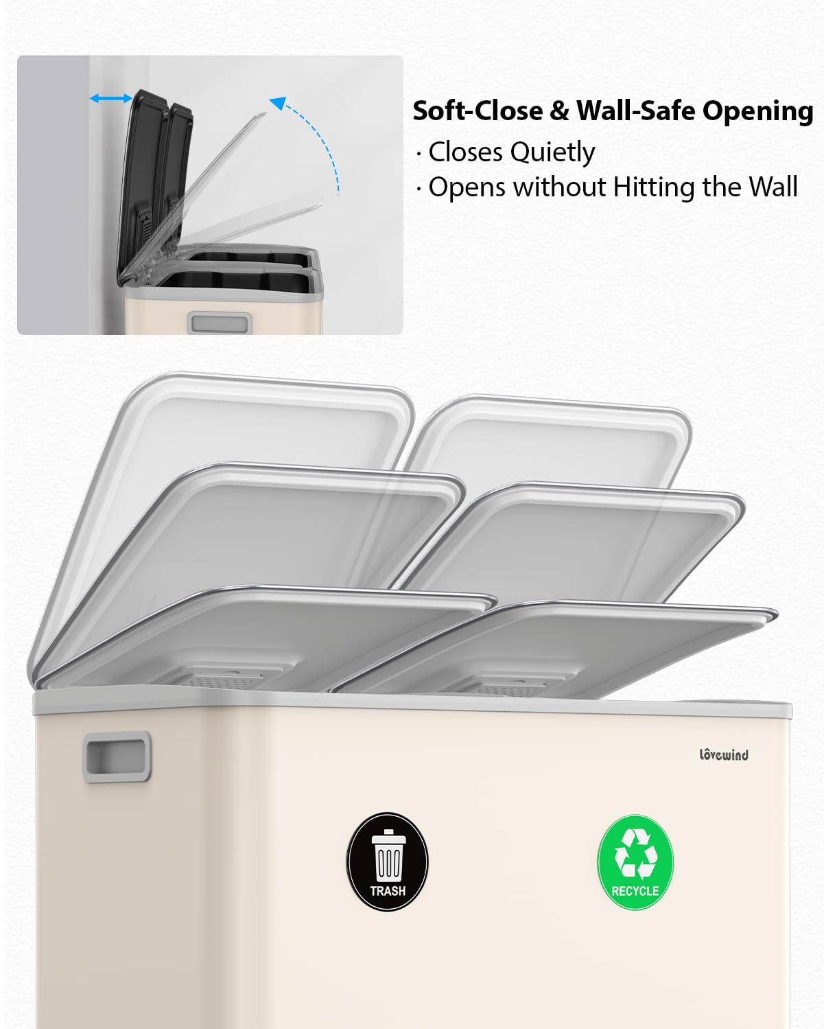 Dual Trash and Recycling Bins for Kitchen, 2×13 Gallon (2× 50L) Stainless Steel Trash and Recycle Bin Combo with Soft-Close Lid, Large Garbage Cans for Kitchen Home with 2 Magnets Sticker