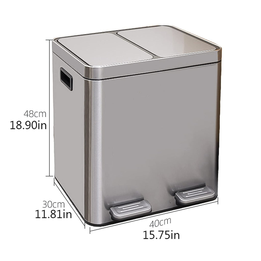 Dual Compartment Step Trash Can – Stainless Steel, 2 Bin, Soft-Close, Recycling Bin