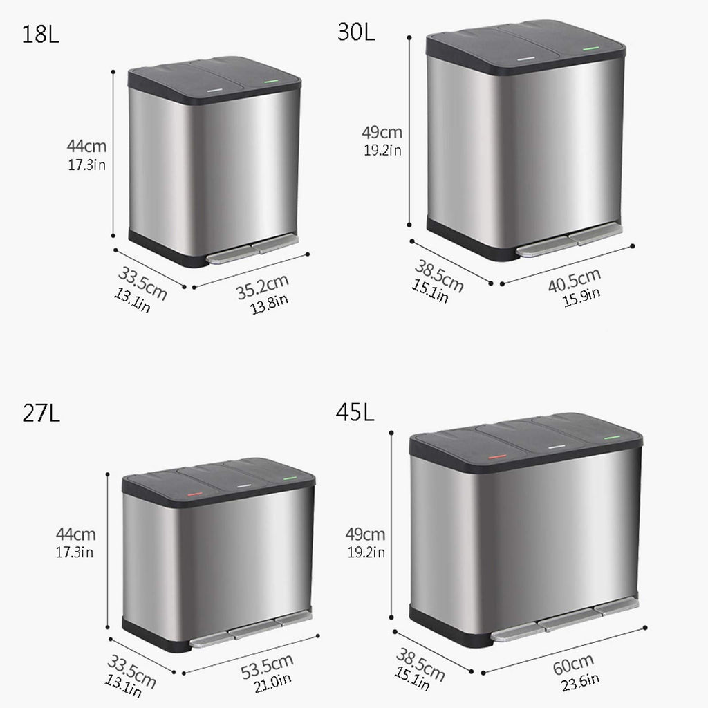 Large Capacity Trash & Recycling Bin – Foot Pedal, Multi-Compartment Sorting, Stainless Steel, Rectangular, Office Trash Can