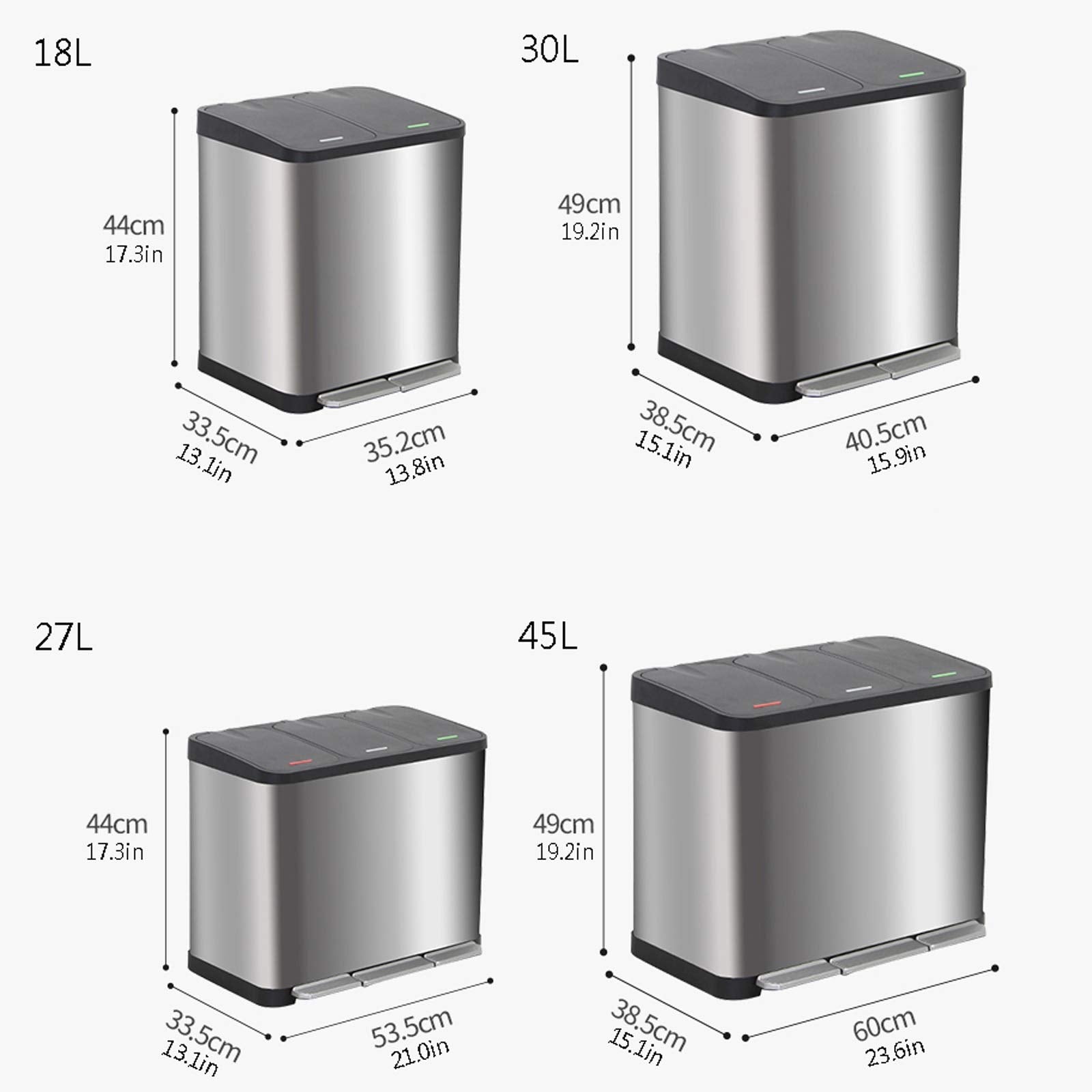 Large Capacity Trash & Recycling Bin – Foot Pedal, Multi-Compartment Sorting, Stainless Steel, Rectangular, Office Trash Can
