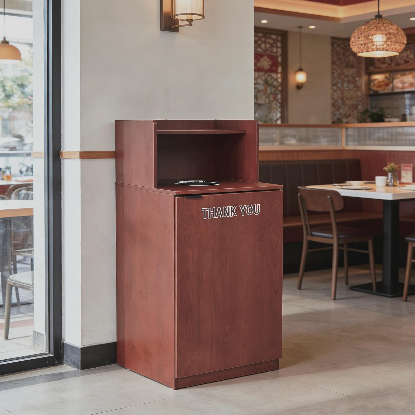 32 Gallon Commercial Restaurant Trash Cabinet – Wooden Enclosure, Large Waste Bin, Tray Holder, Door, Kitchen Office Cafeteria Garbage Container