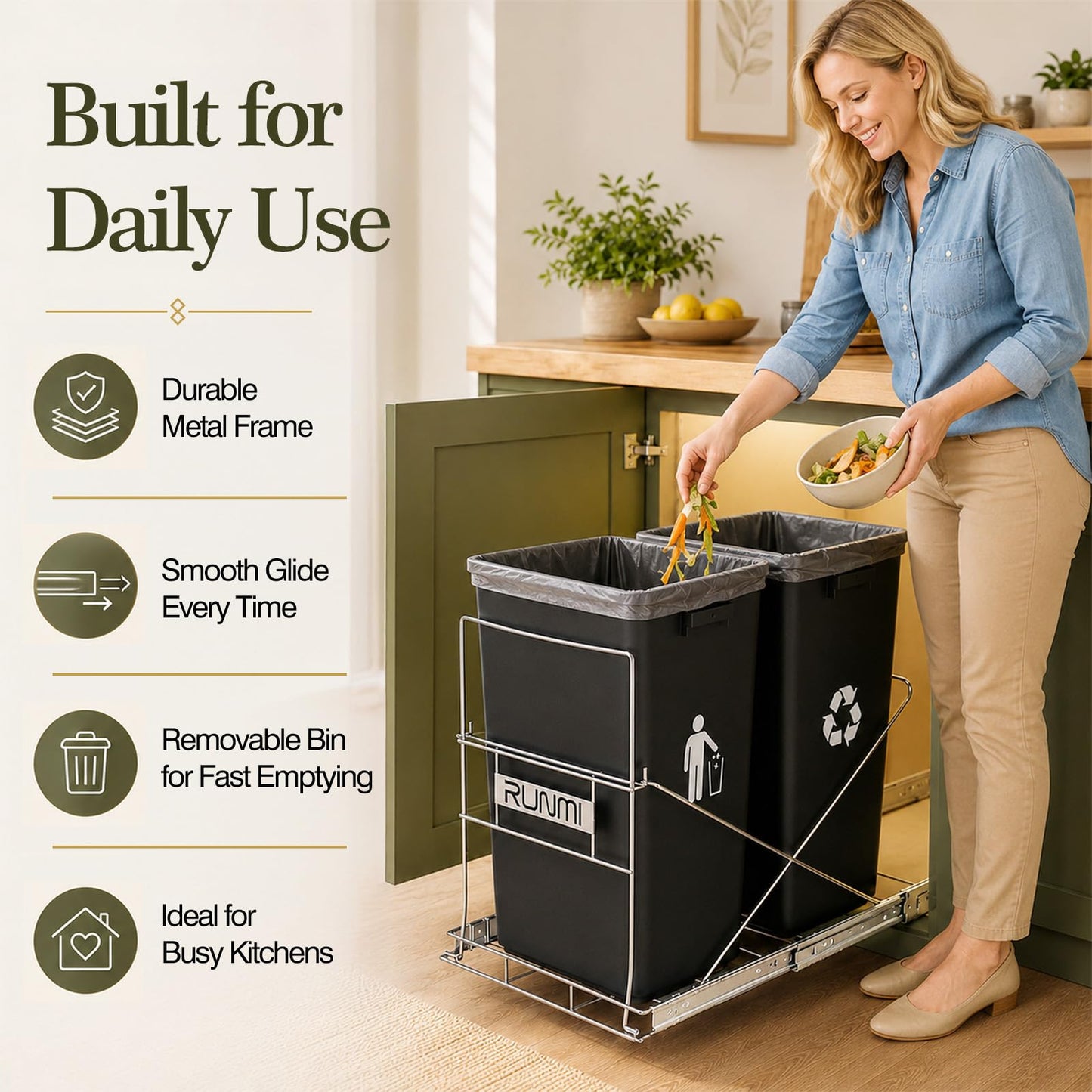 RUNMI Pull Out Trash Can Under Cabinet Under Sink Trash Can Pull Out with Handle