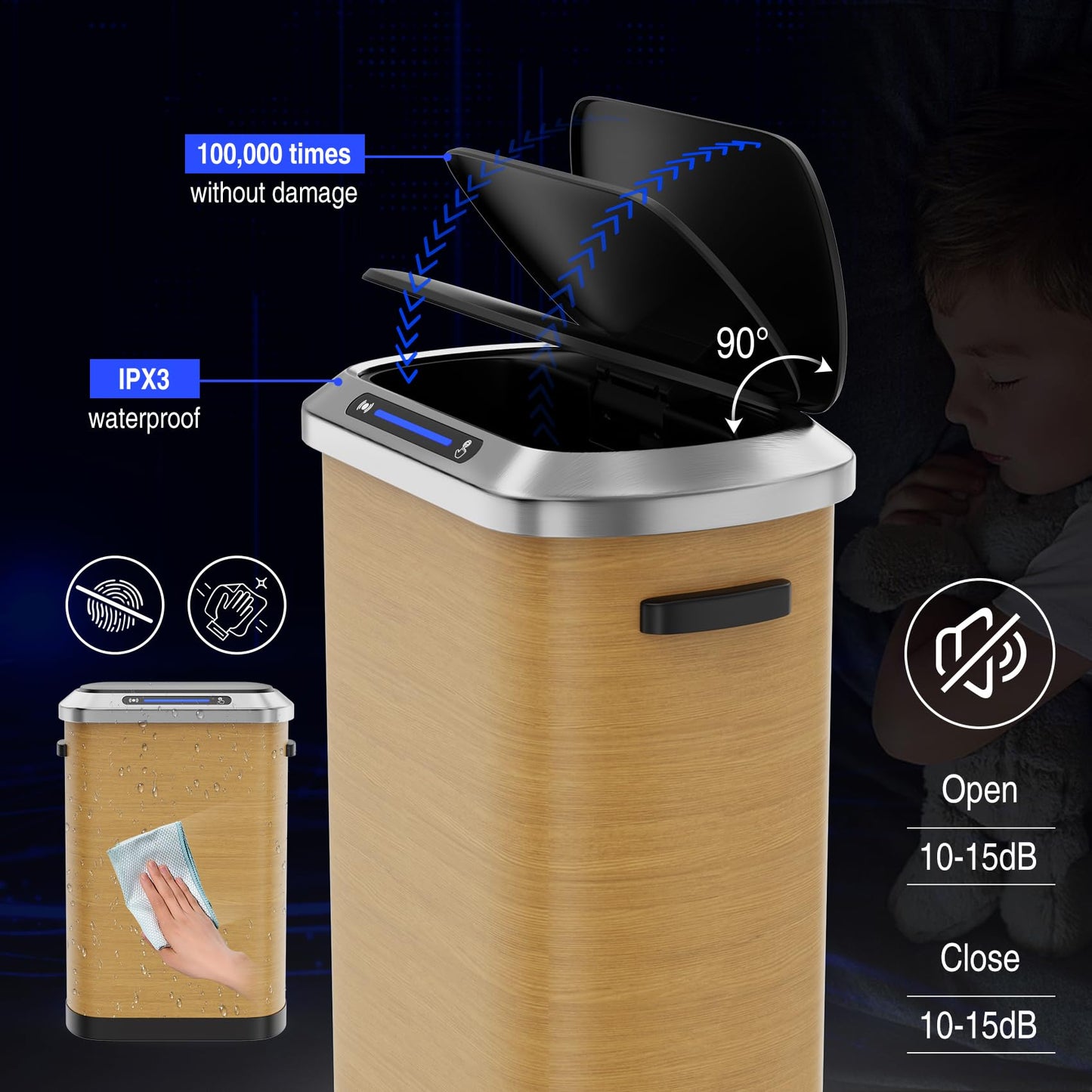 13 Gallon Smart Sensor Trash Can – 50L, Stainless Steel, Motion Lid, Silent Opening, Kitchen Office Bedroom Bin