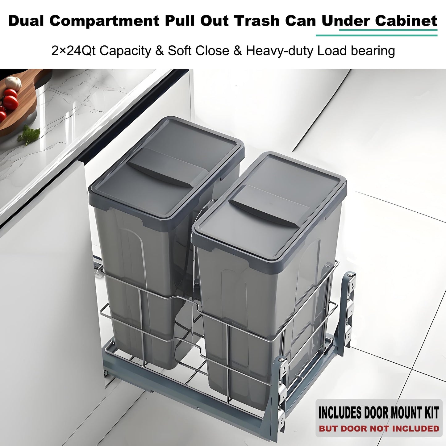 Under Cabinet Pull-Out Trash Can – Dual 24QT, Soft-Close Sliding, Lid, Kitchen Recycling Bin, Door Mount System, Grey
