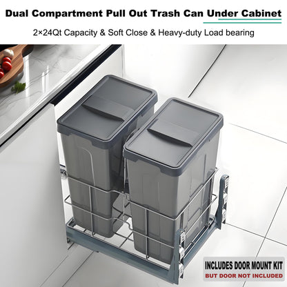 Under Cabinet Pull-Out Trash Can – Dual 24QT, Soft-Close Sliding, Lid, Kitchen Recycling Bin, Door Mount System, Grey