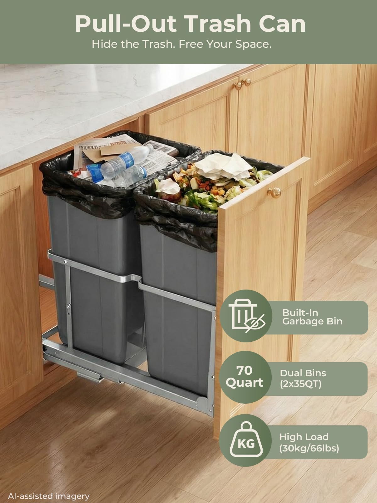 Under Sink Pull-Out Trash Can – 35QT x2, Dual Bin, Soft-Close, Full Extension Slides, Heavy Duty Kitchen Recycling System