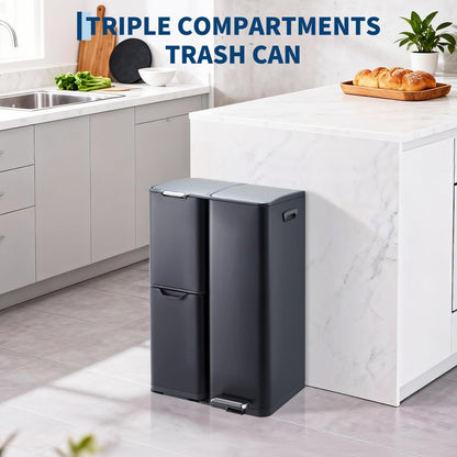 16 Gallon Triple Compartment Trash Can – Stainless Steel, Foot Pedal, Removable Buckets, Lid, Recycling Bin Combo
