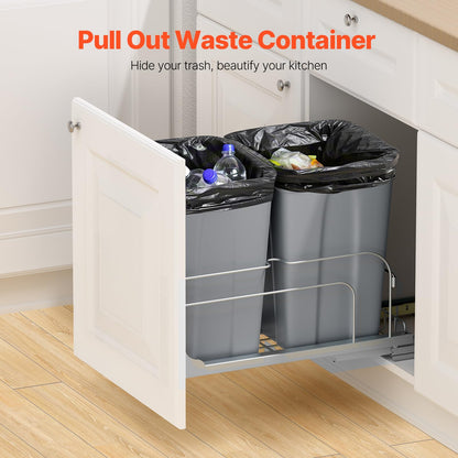 Under Sink Pull-Out Trash Can – Double Bin, Heavy Duty Metal Slides, Full Extension, Kitchen Recycling System, Grey