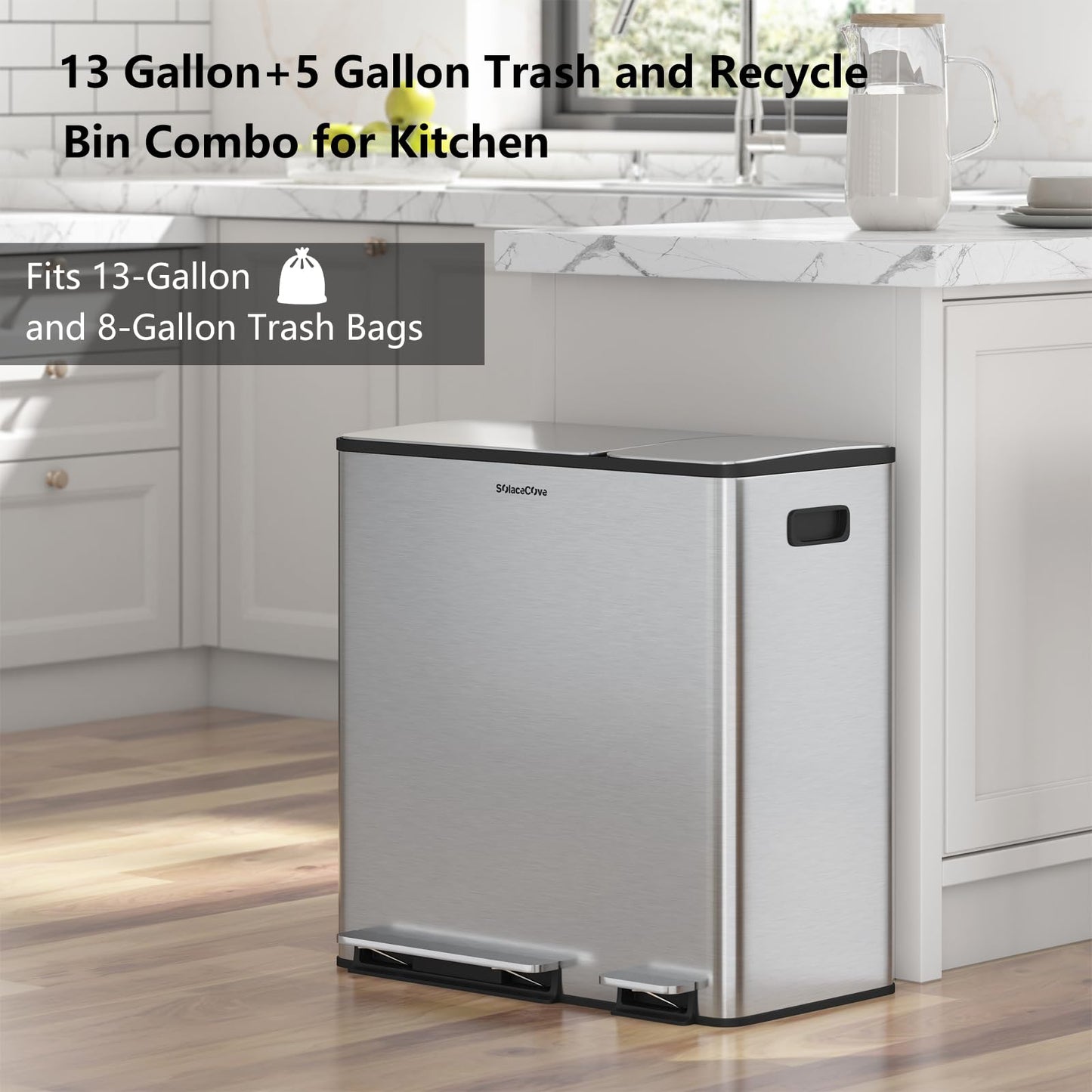 Stainless Steel Dual Compartment Trash Can – Kitchen Recycling Bin Combo, Foot Pedal, Soft-Close Lid