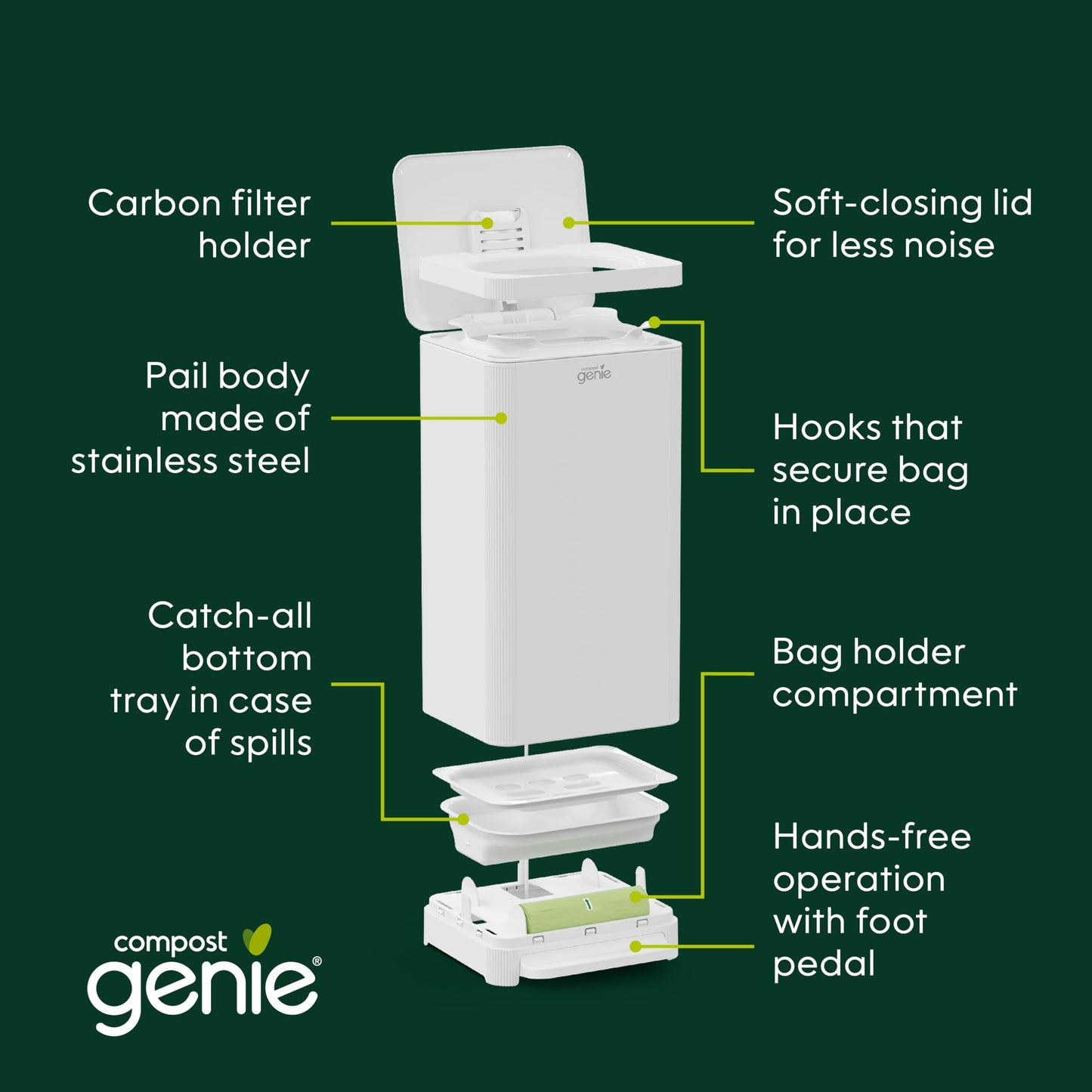 Kitchen Compost Bin – 3.6 Gallon, Odor Control, Stainless Steel, Hands-Free, Washable Parts
