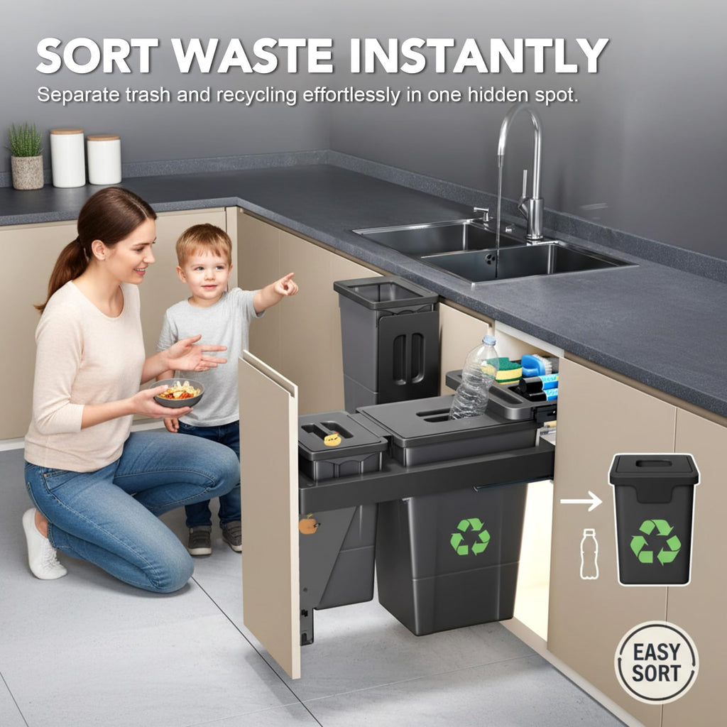 Under Sink Pull-Out Trash Can – Grey ABS, Soft-Close Slide, Lid, Top Storage Tray, Kitchen Cabinet Organizer