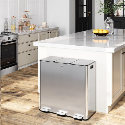 60L Triple Compartment Recycling Trash Can – 3×20L, Stainless Steel, Pedal Step, Soft-Close Lid, Removable Buckets, Kitchen Office Bin