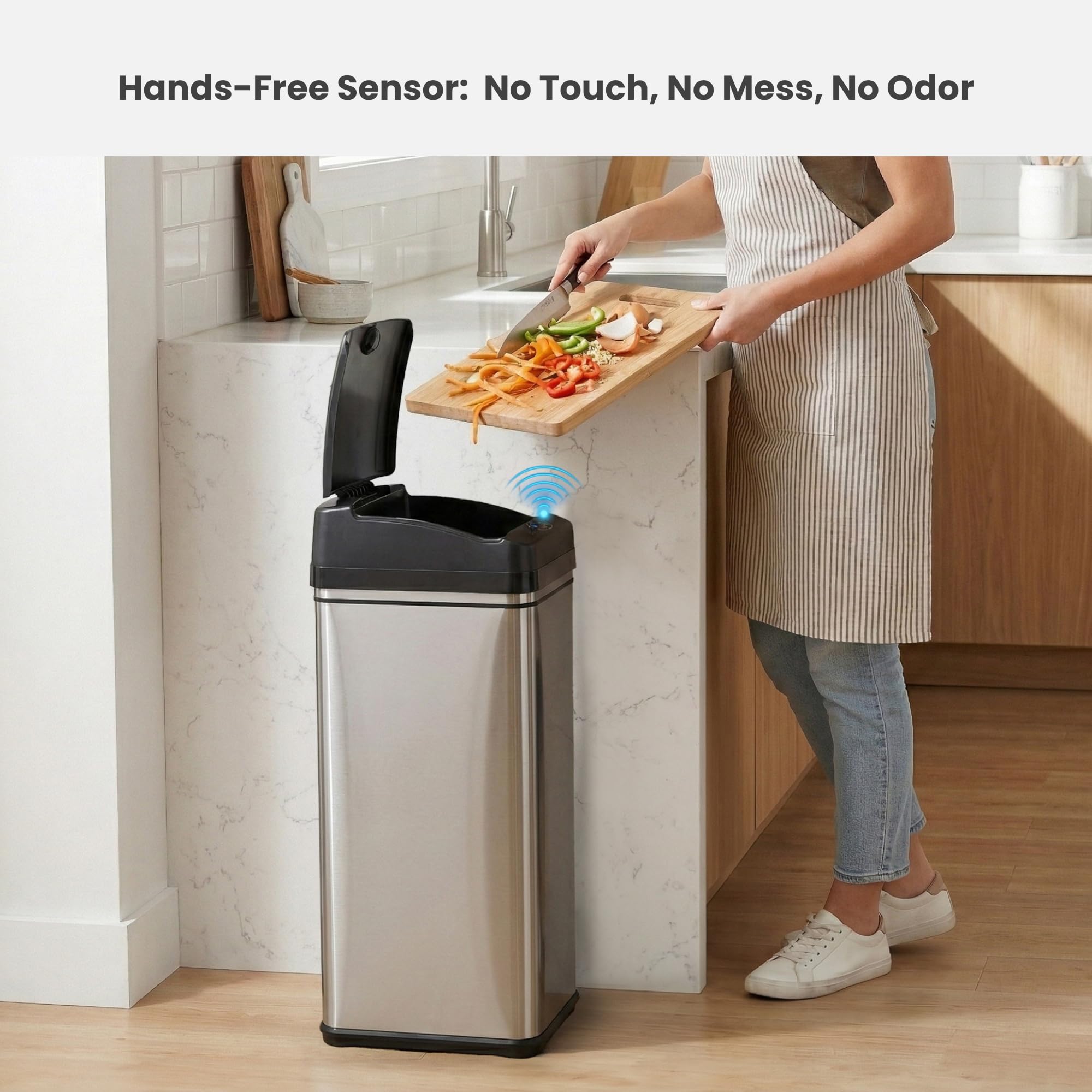 13 Gallon Oval Smart Sensor Trash Can – 50L, Odor Filter, Stainless Steel, Motion Activated, Soft-Close Lid