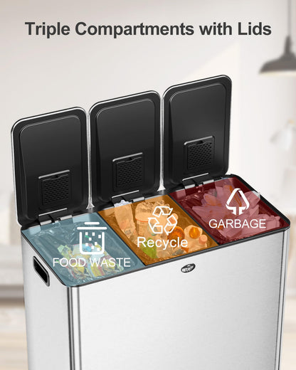 60L Triple Compartment Recycling Trash Can – 3×20L, Stainless Steel, Pedal Step, Soft-Close Lid, Removable Buckets, Kitchen Office Bin