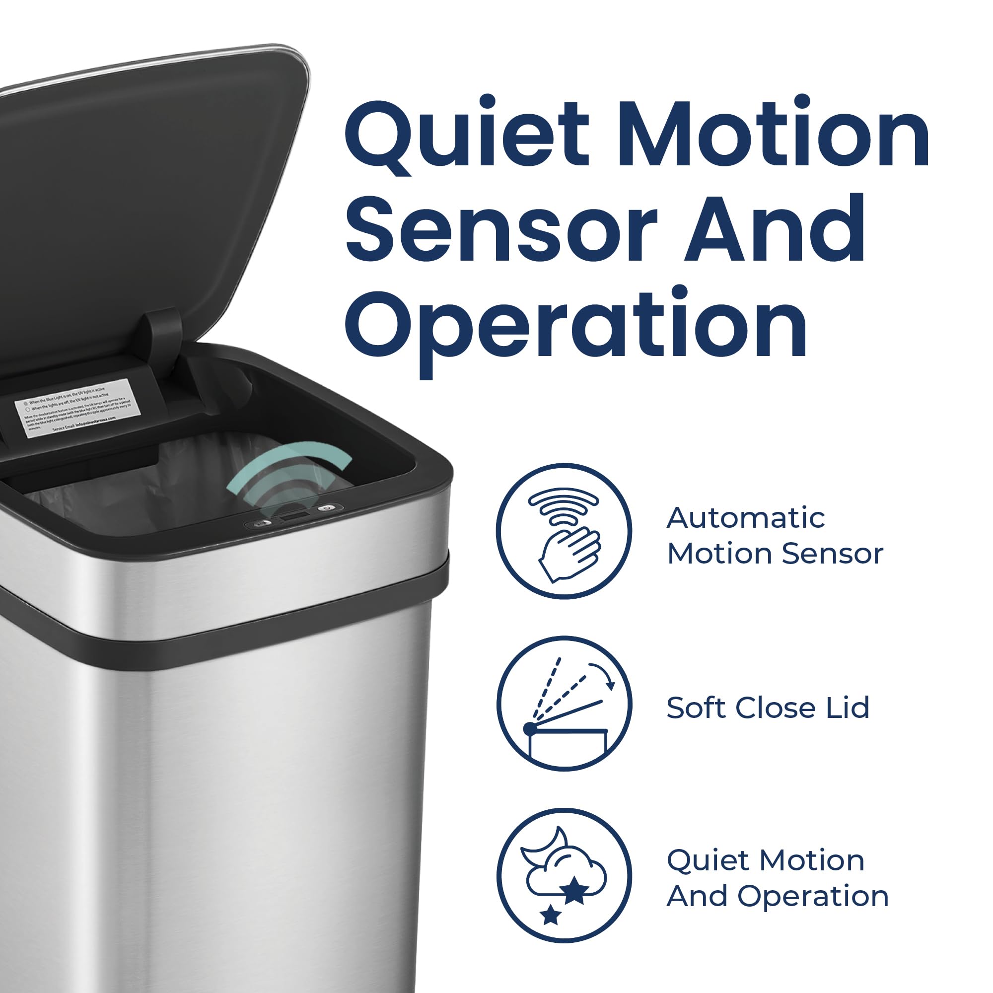 Smart Kitchen Trash Can – 13 Gallon / 50L, Motion Sensor, Odor Control, Stainless Steel, Automatic Opening, Universal Power Adapter