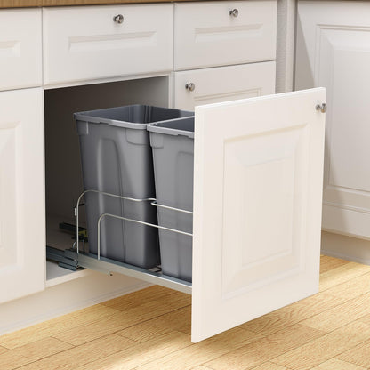 Under Sink Pull-Out Trash Can – Double Bin, Heavy Duty Metal Slides, Full Extension, Kitchen Recycling System, Grey