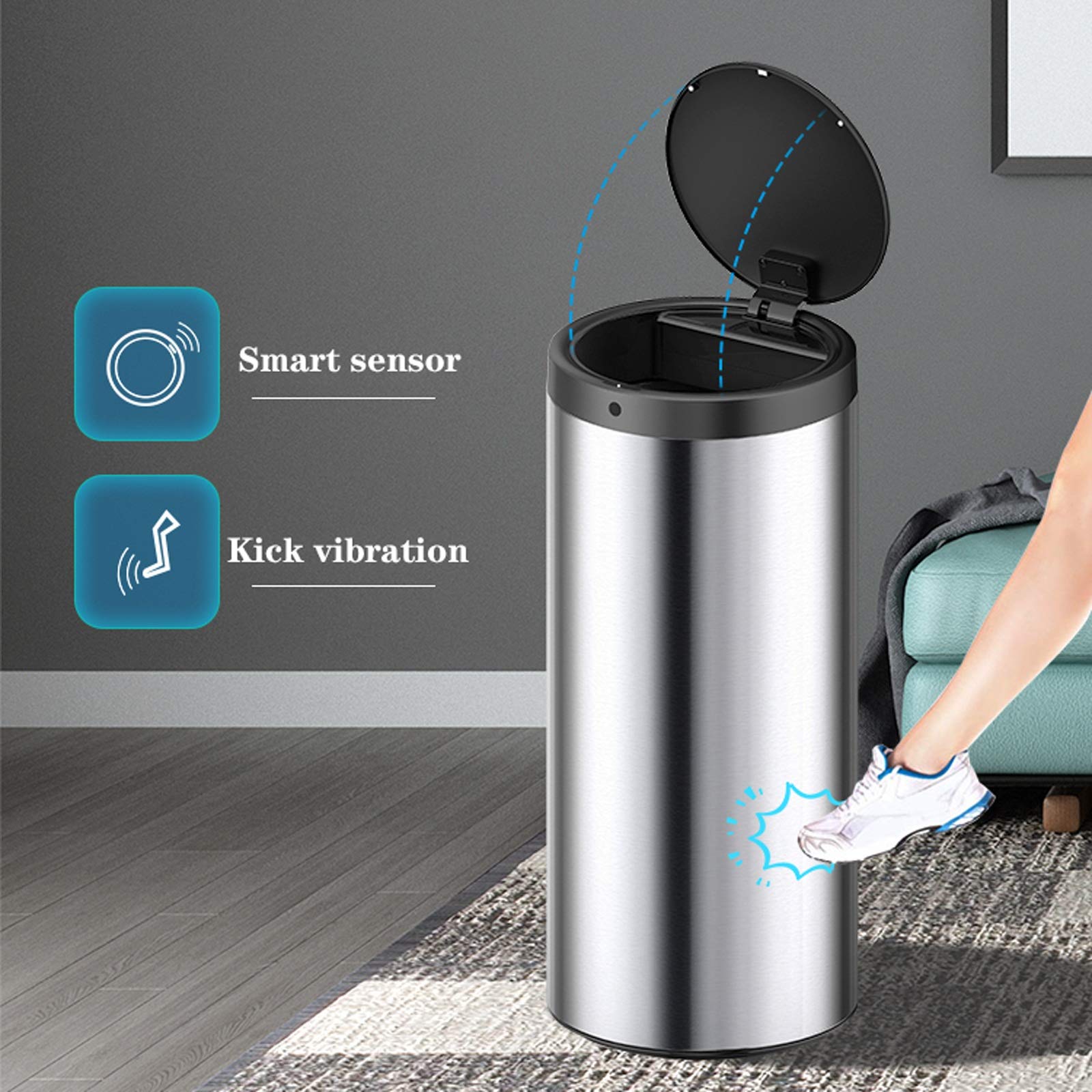 Smart Stainless Steel Kitchen Trash Can with Lid, Round Induction Waste Bin for Home & Living Room, 5.2–7.9 Gallon Capacity