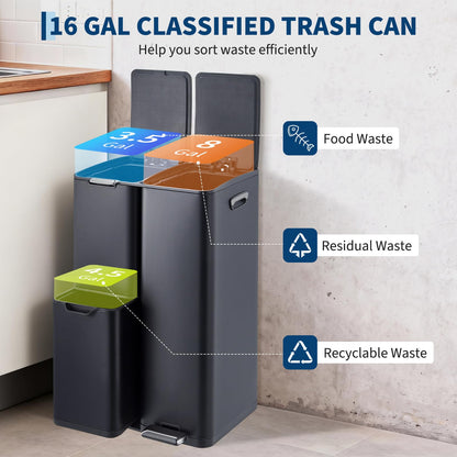 16 Gallon Triple Compartment Trash Can – Stainless Steel, Foot Pedal, Removable Buckets, Lid, Recycling Bin Combo