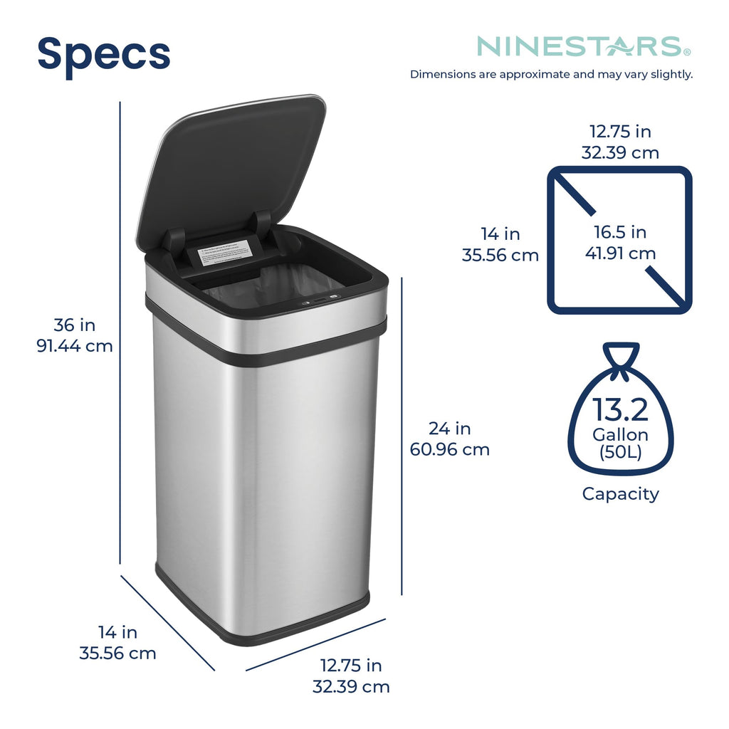 Smart Kitchen Trash Can – 13 Gallon / 50L, Motion Sensor, Odor Control, Stainless Steel, Automatic Opening, Universal Power Adapter