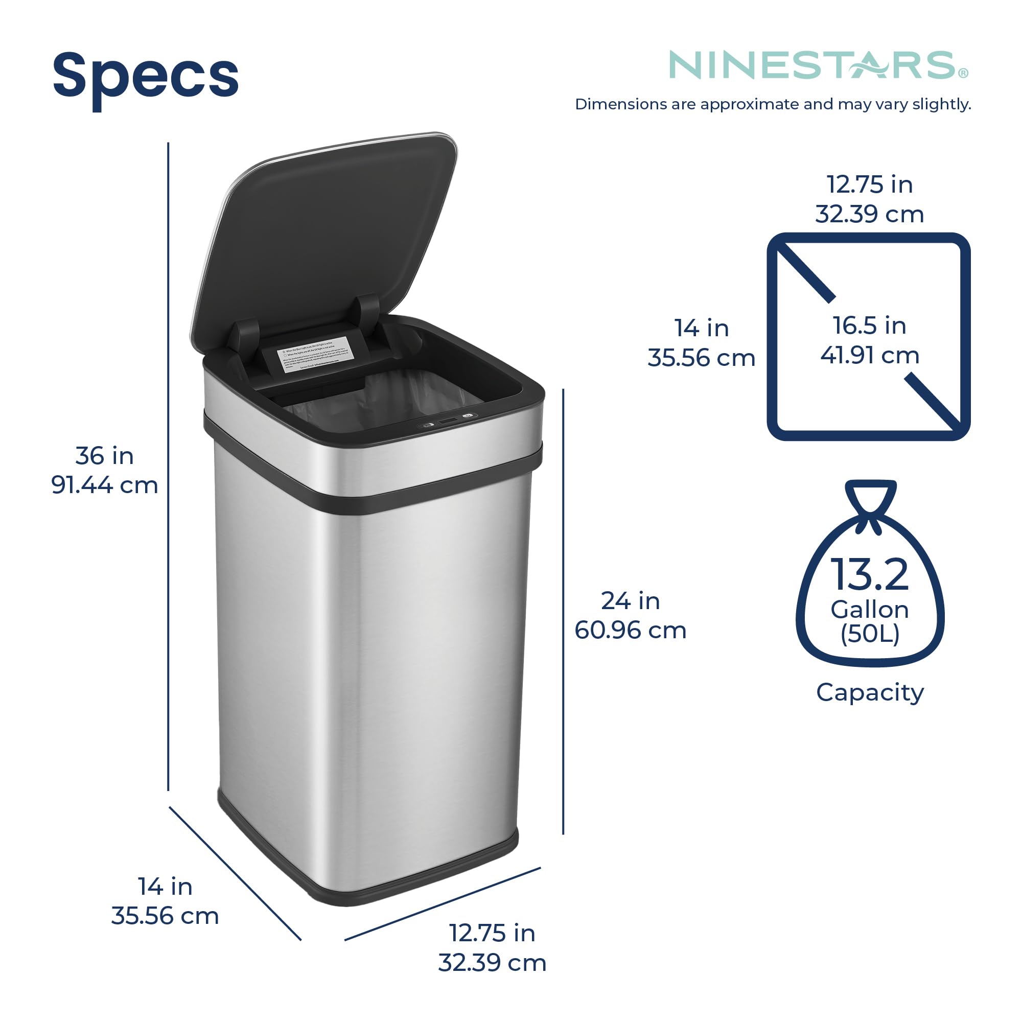 Smart Kitchen Trash Can – 13 Gallon / 50L, Motion Sensor, Odor Control, Stainless Steel, Automatic Opening, Universal Power Adapter