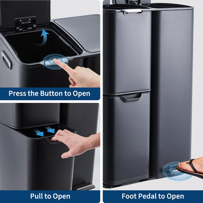 16 Gallon Triple Compartment Trash Can – Stainless Steel, Foot Pedal, Removable Buckets, Lid, Recycling Bin Combo