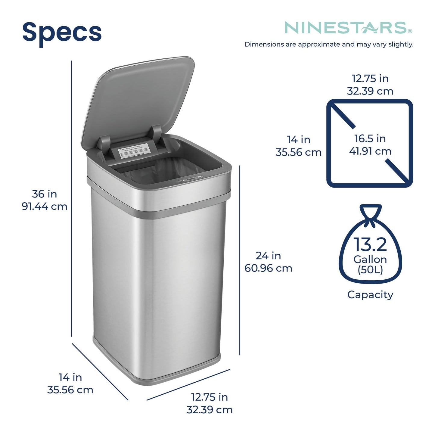 Smart Sensor Trash Can – 13 Gallon / 50L, UV Ozone Odor Control, Motion Lid, Stainless Steel, Kitchen Office Bin