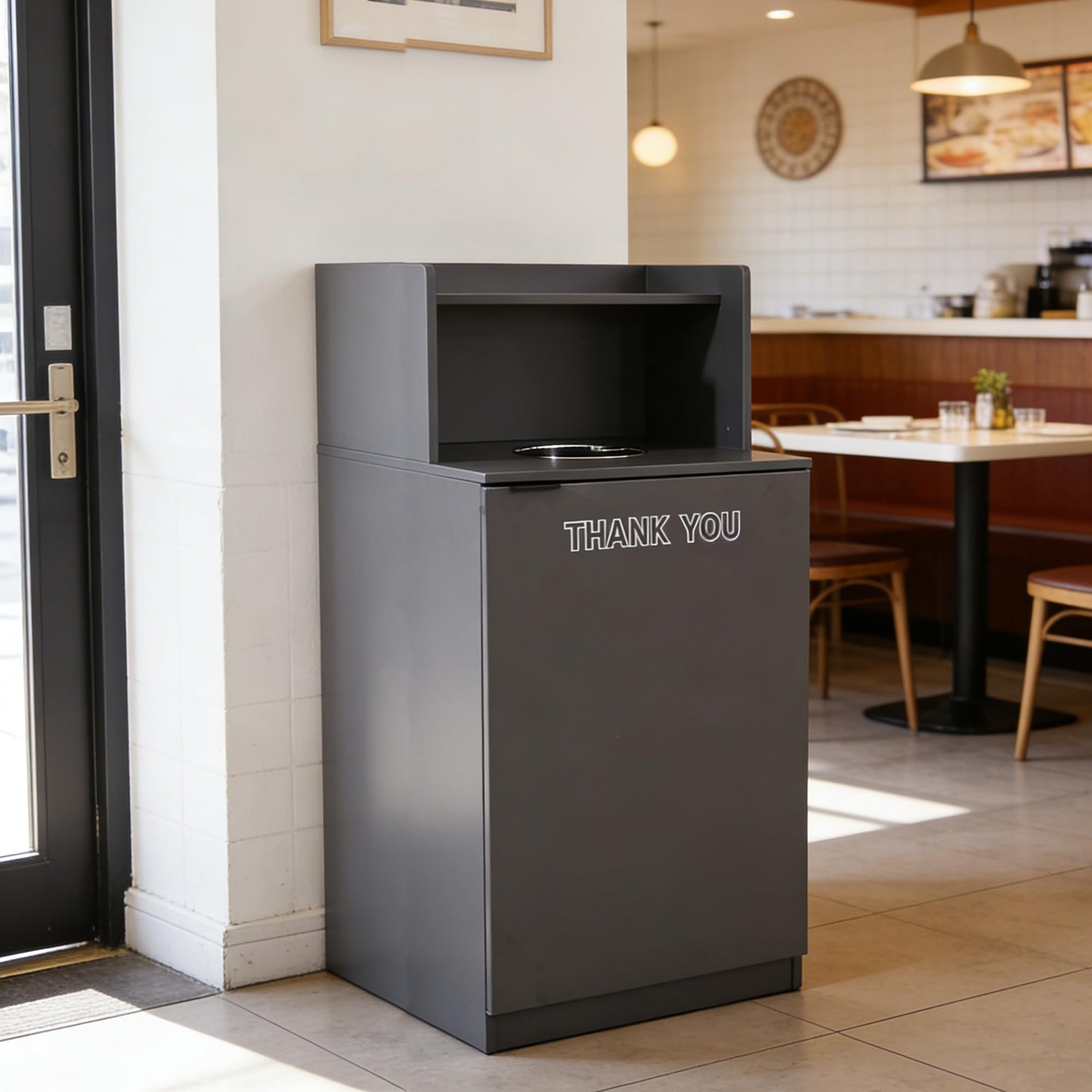 32 Gallon Commercial Restaurant Trash Cabinet – Wooden Enclosure, Large Waste Bin, Tray Holder, Door, Kitchen Office Cafeteria Garbage Container