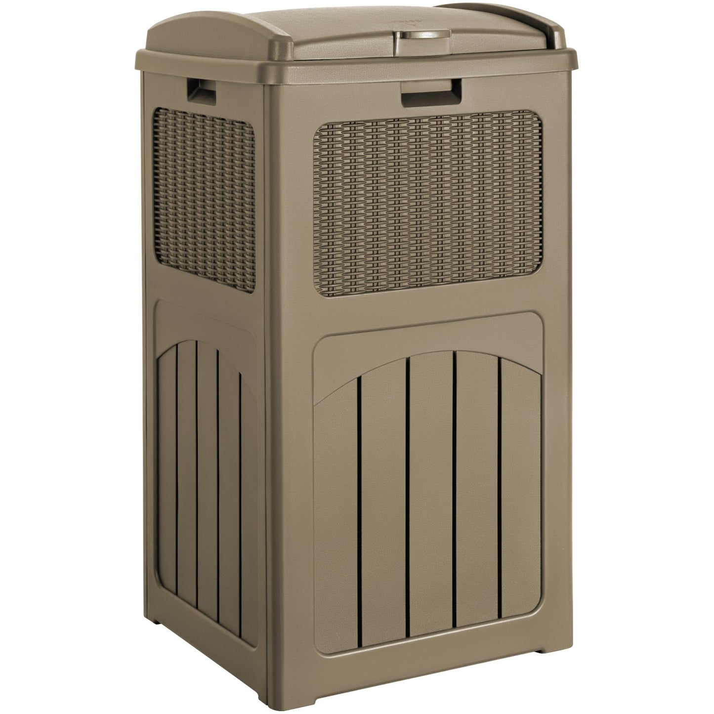 33 Gallon Outdoor Trash Can – Hideaway Resin Waste Bin, Waterproof, Tiered Lid, Patio Deck Backyard Garbage Container