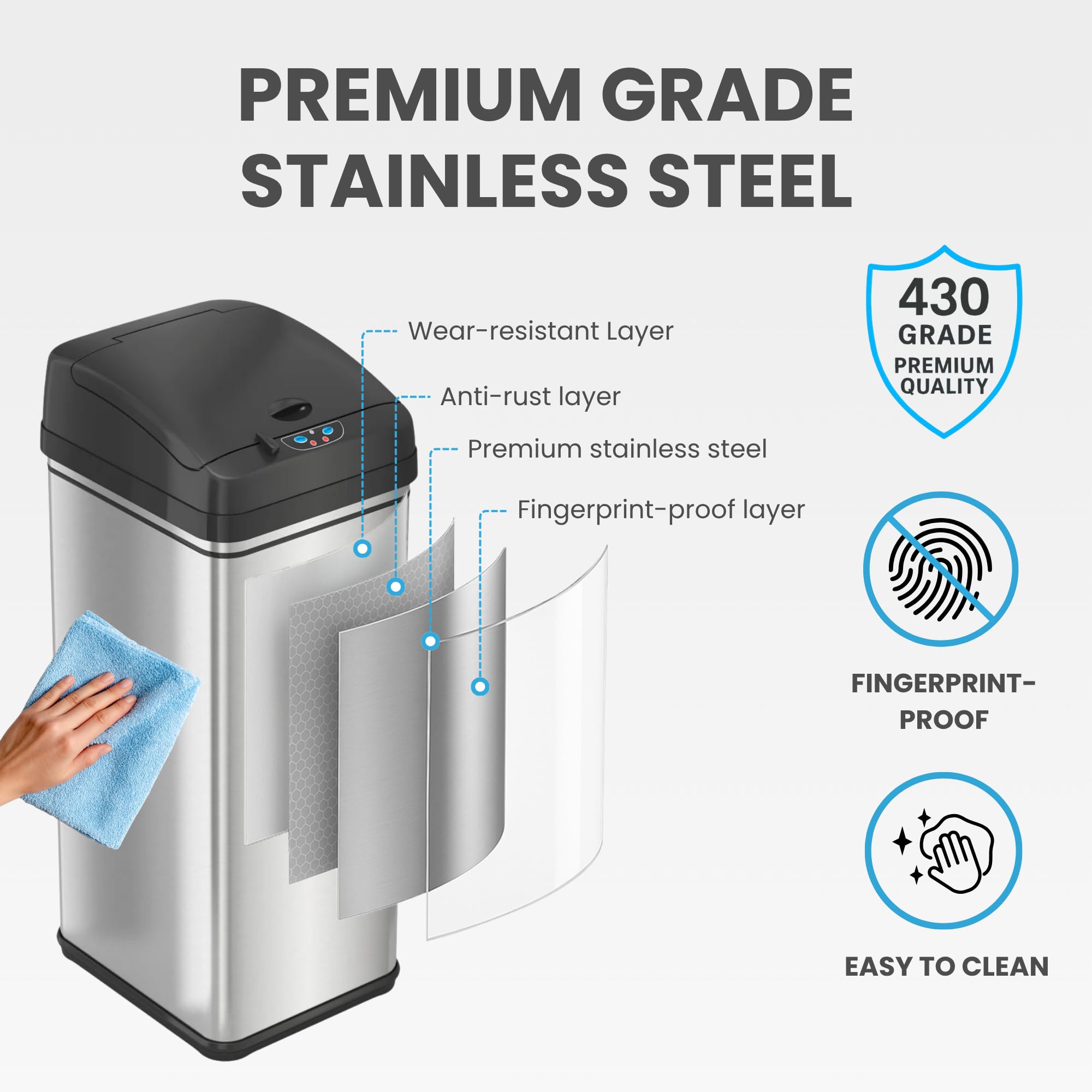 13 Gallon Oval Smart Sensor Trash Can – 50L, Odor Filter, Stainless Steel, Motion Activated, Soft-Close Lid