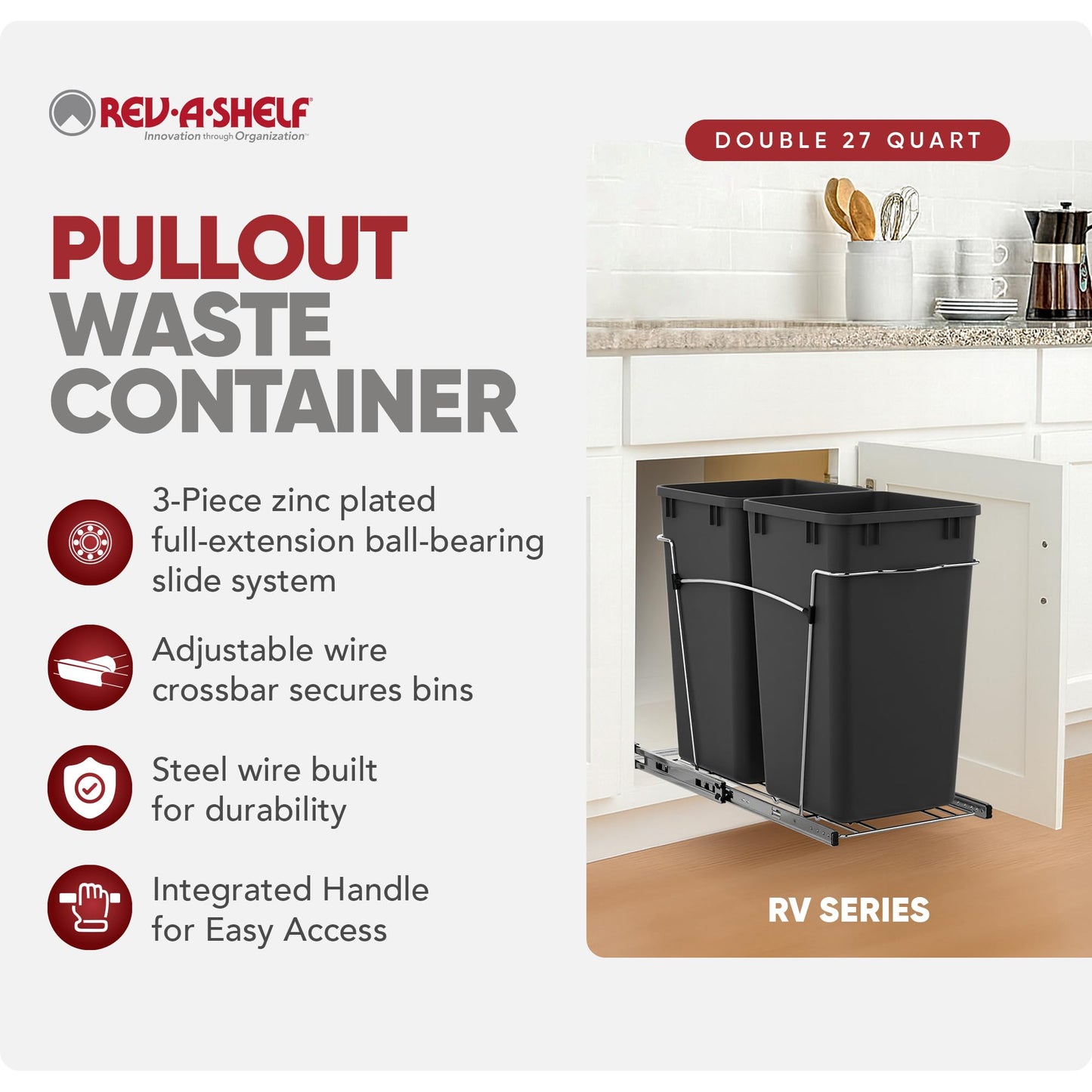 Pull-Out Trash Can for Kitchen Cabinets – Under Sink Sliding Waste Bin System, Soft-Close Organizer