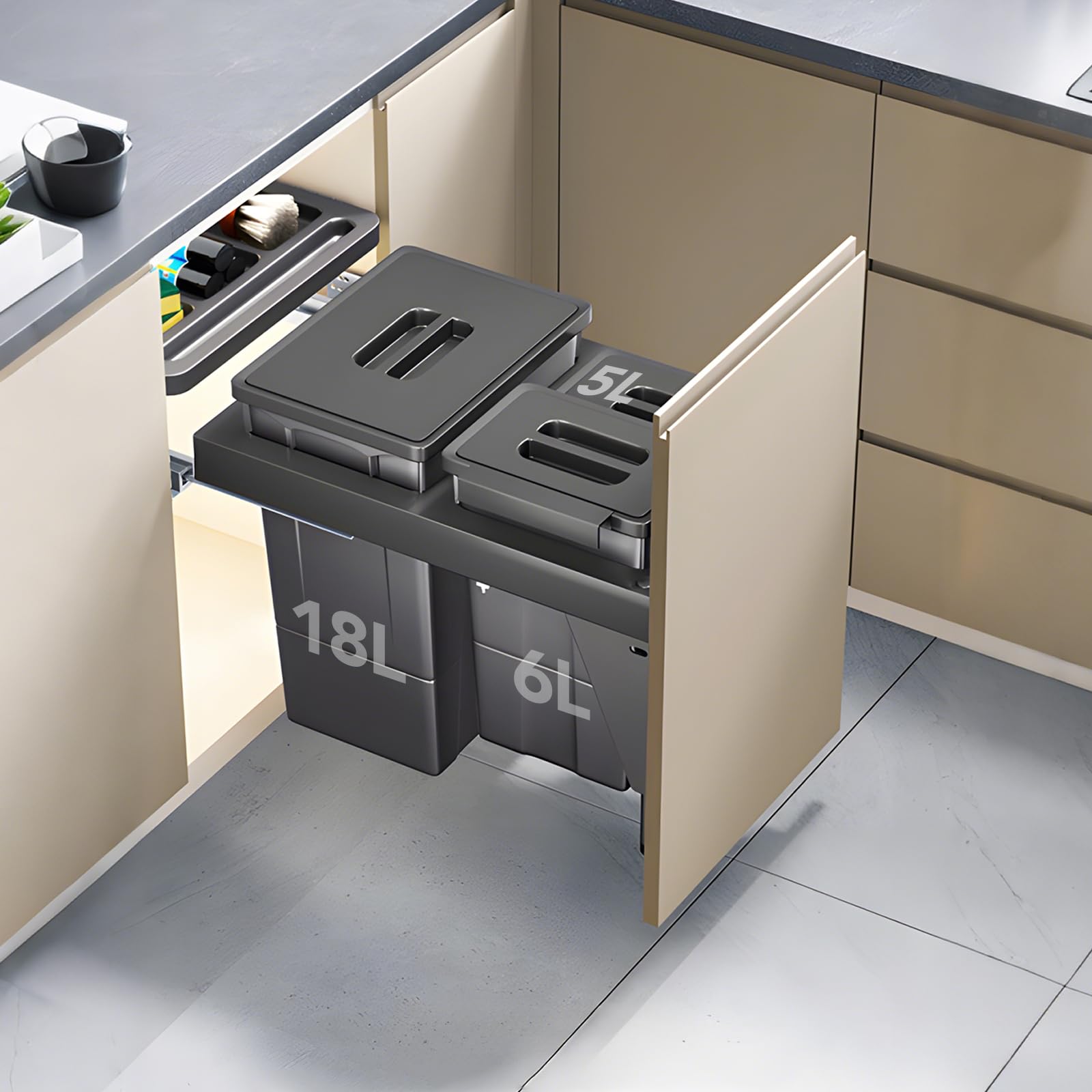 Under Sink Pull-Out Trash Can – Grey ABS, Soft-Close Slide, Lid, Top Storage Tray, Kitchen Cabinet Organizer