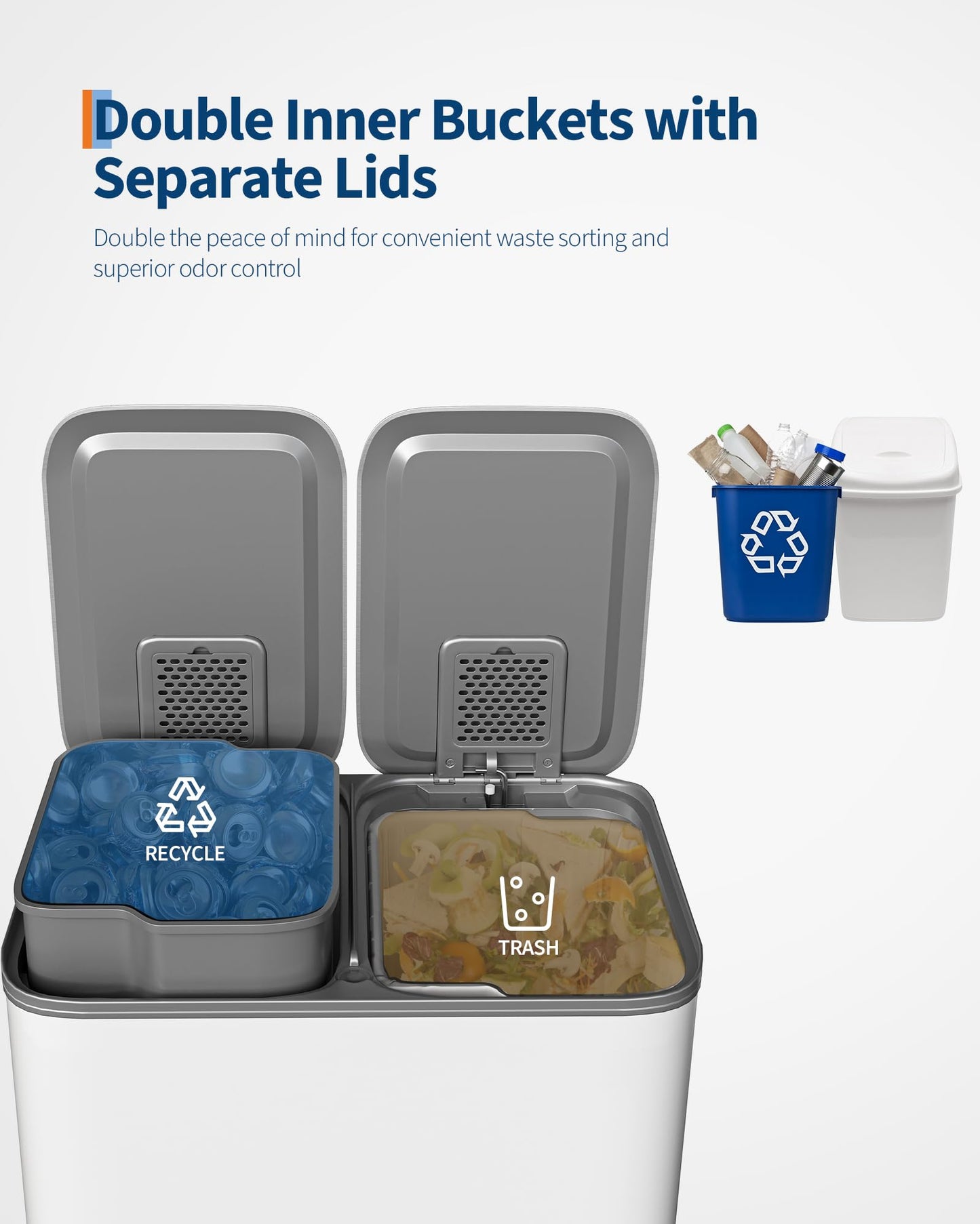 Double Step Trash Can – 2 x 8 Gallon, Stainless Steel, Dual Compartment, Soft-Close Lid, Recycling Bin