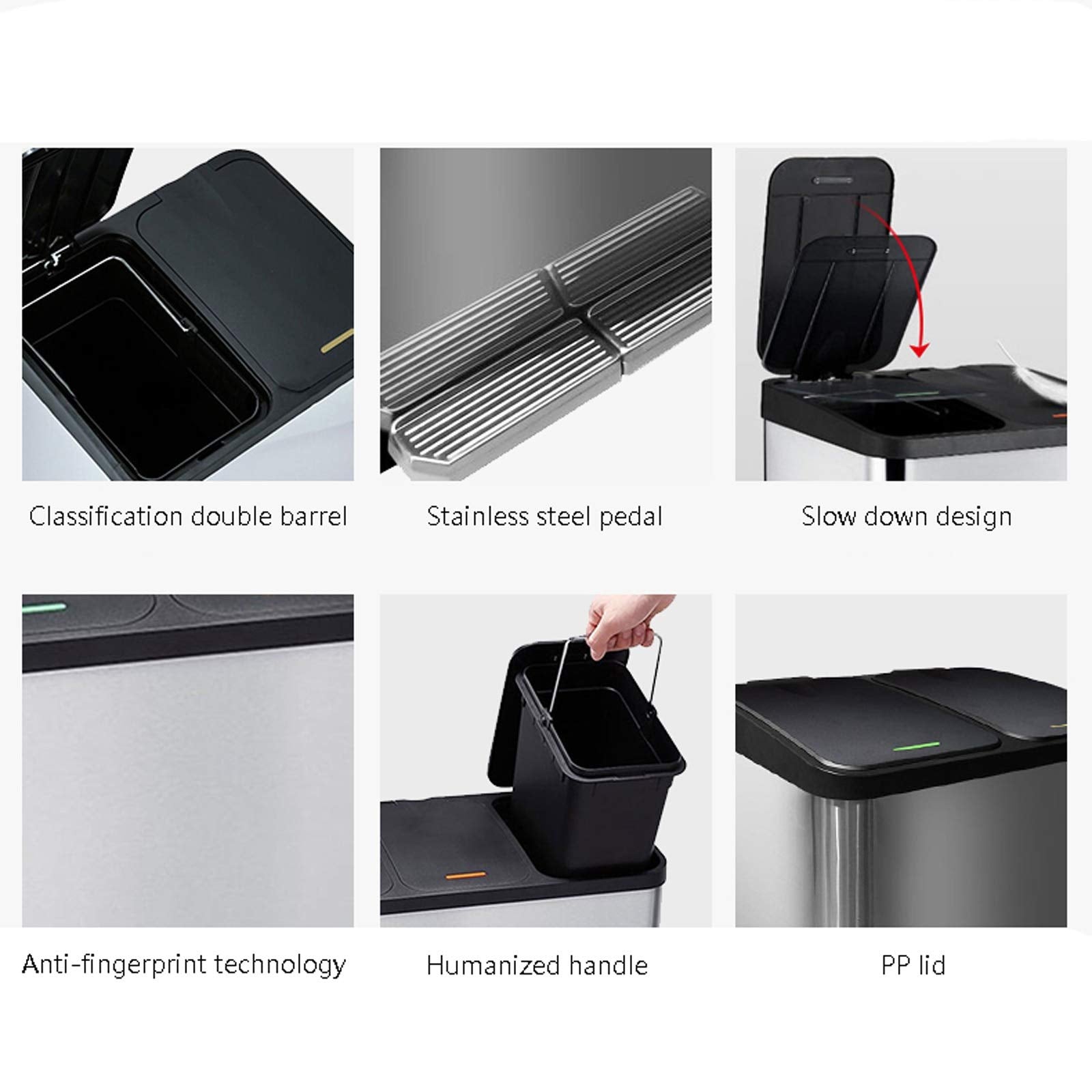 Large Capacity Trash & Recycling Bin – Foot Pedal, Multi-Compartment Sorting, Stainless Steel, Rectangular, Office Trash Can
