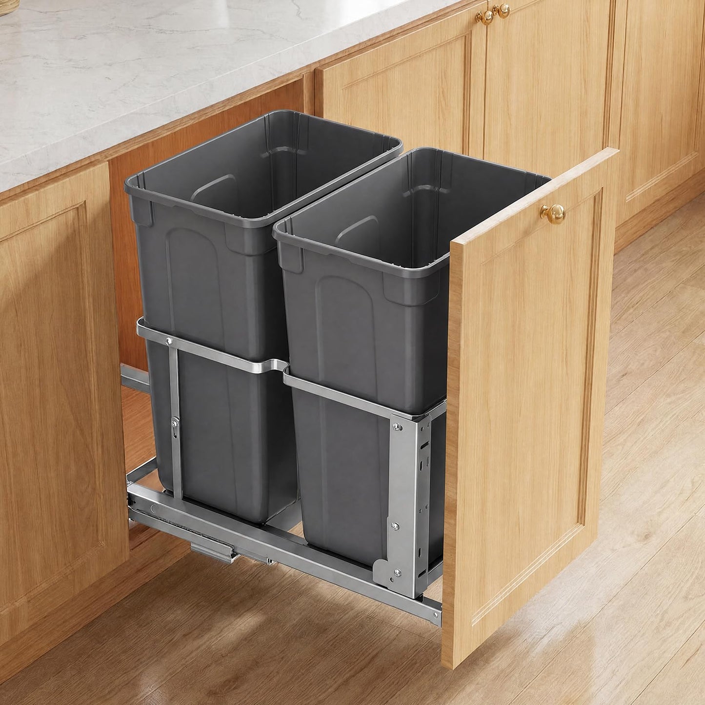 Under Sink Pull-Out Trash Can – 35QT x2, Dual Bin, Soft-Close, Full Extension Slides, Heavy Duty Kitchen Recycling System