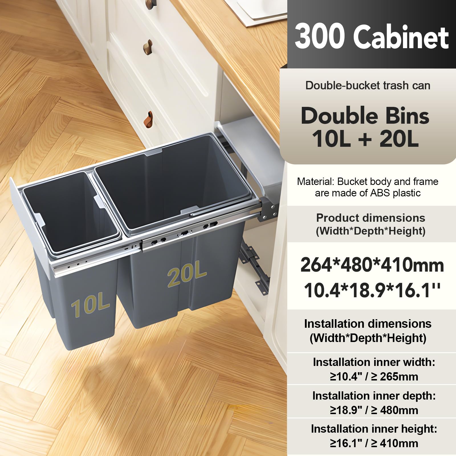 Under Sink Pull-Out Trash Can – Grey ABS, Soft-Close Slide, Lid, Top Storage Tray, Kitchen Cabinet Organizer