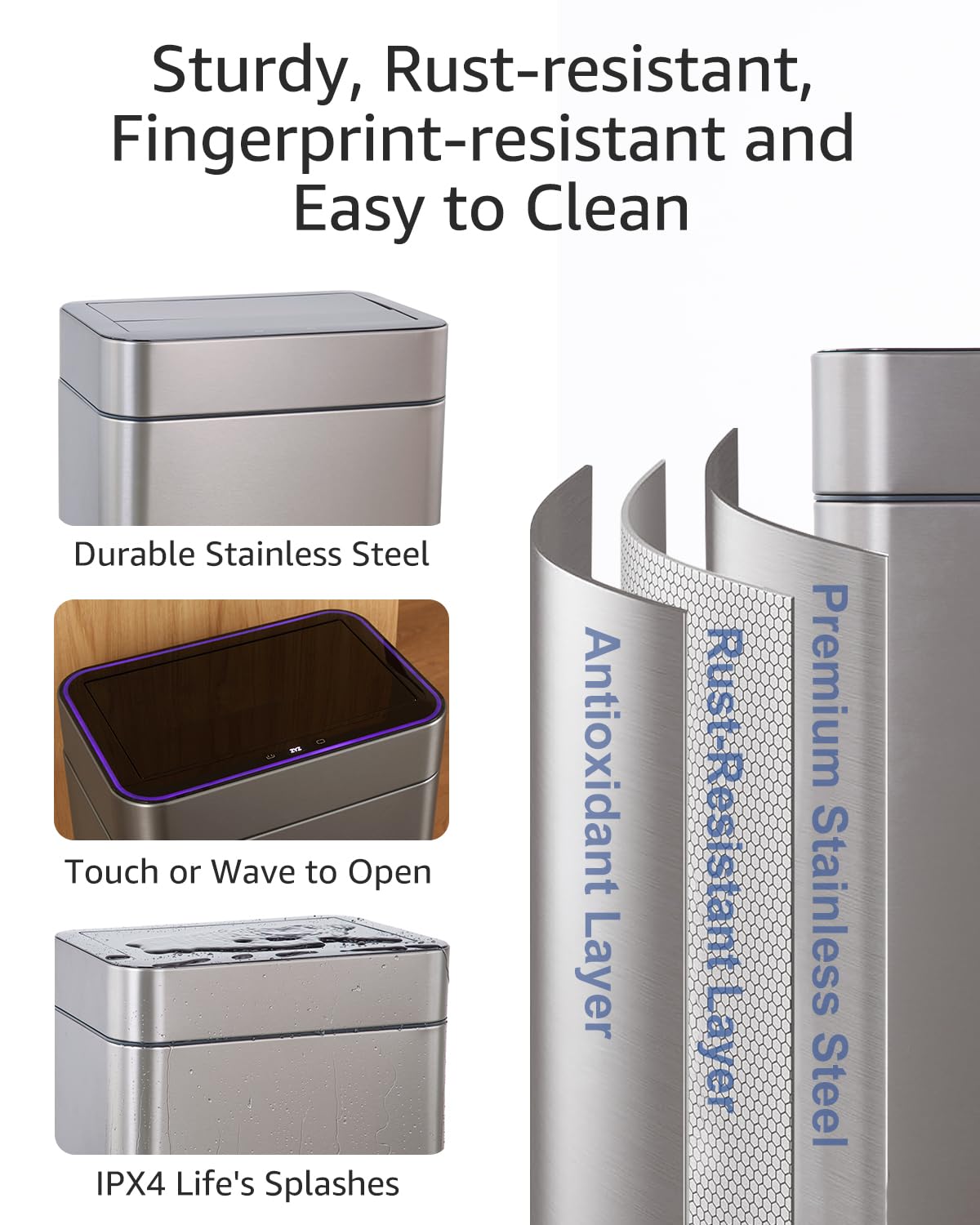 13 Gallon Smart Sensor Trash Can – 50L, Touchless, Butterfly Lid, Stainless Steel, USB Rechargeable, Soft-Close Kitchen Bin