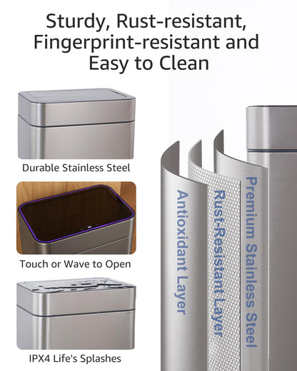 13 Gallon Smart Sensor Trash Can – 50L, Touchless, Butterfly Lid, Stainless Steel, USB Rechargeable, Soft-Close Kitchen Bin