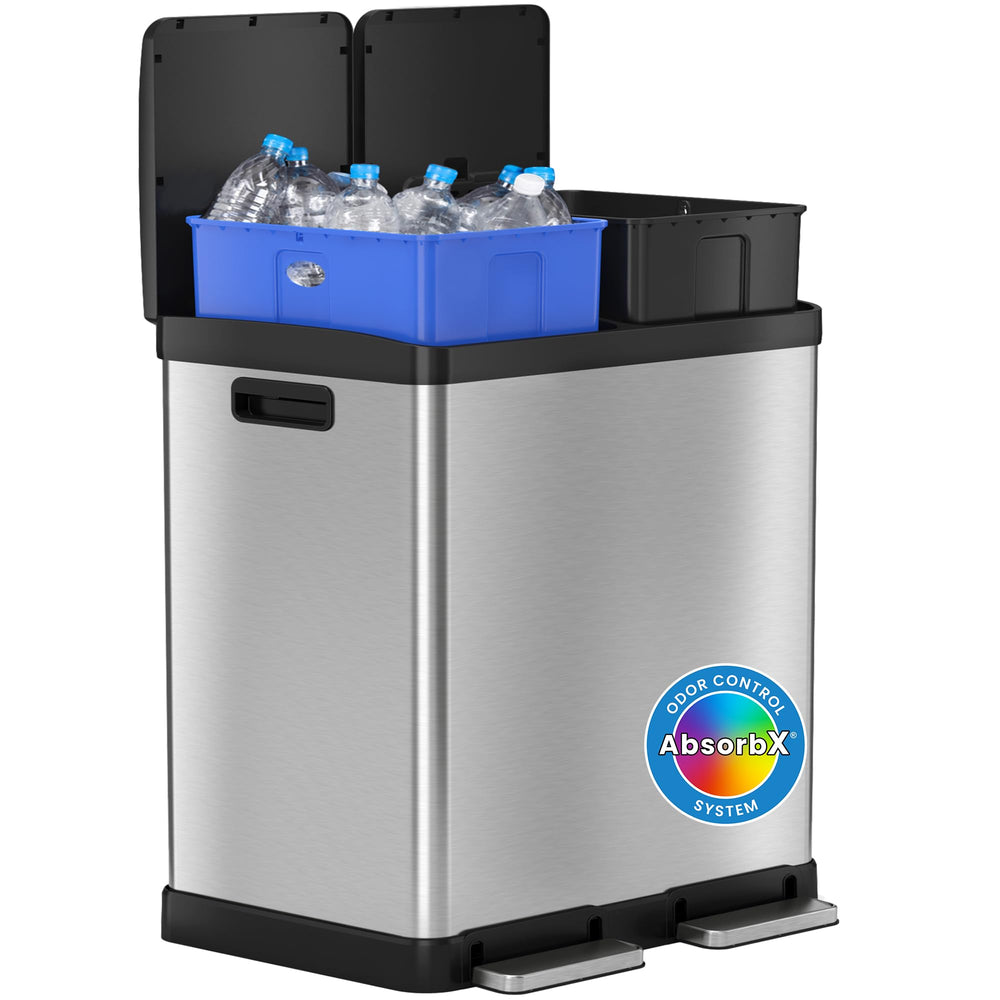 16 Gallon Dual Trash & Recycling Bin – 2 x 8 Gallon, Stainless Steel, Odor Seal, Soft-Close Lid, Kitchen Waste Can