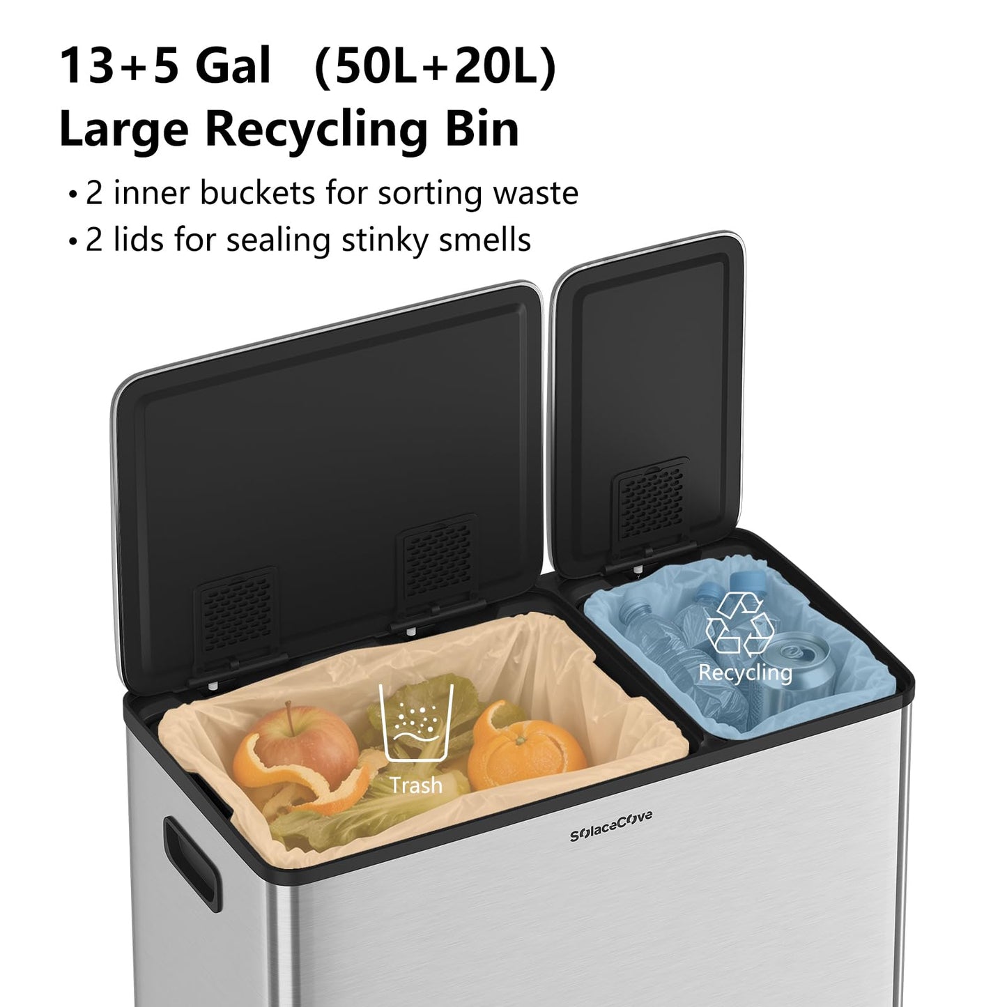Stainless Steel Dual Compartment Trash Can – Kitchen Recycling Bin Combo, Foot Pedal, Soft-Close Lid